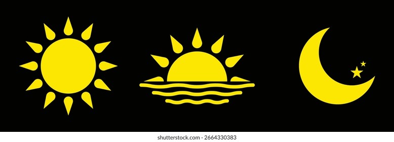 Conjunto de iconos de sol y luna. Símbolo de modo de luz y oscuridad. Puesta de sol diurna, sol, luna icono puesta. Luna, diseño de arte de línea de Vector solar. Salida del sol, Vector de la puesta del sol, diseño del símbolo. EPS 10.