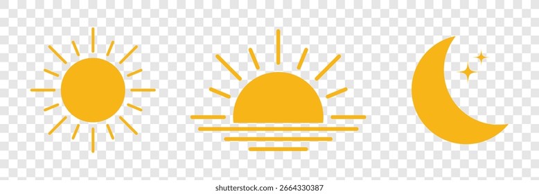 Conjunto de iconos de sol y luna. Símbolo de modo de luz y oscuridad. Puesta de sol diurna, sol, luna icono puesta. Luna, diseño de arte de línea de Vector solar. Salida del sol, Vector de la puesta del sol, diseño del símbolo. EPS 10.