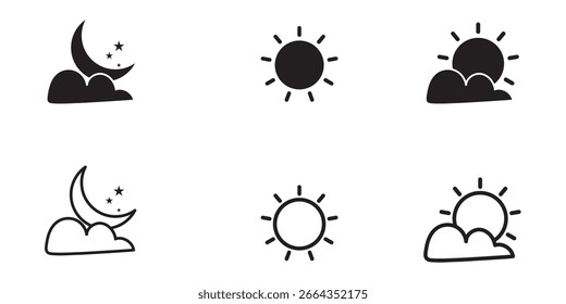 Ícones do sol e da lua definidos. Símbolo de modo escuro e claro. Pôr do sol diurno, Preto cor sol e lua ícone conjunto. Ilustração vetorial. Eps10