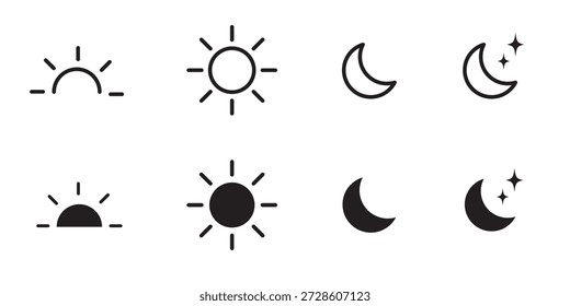 Conjunto de iconos de sol y luna. Símbolo de modo de luz y oscuridad. Puesta de sol diurna, sol, luna icono puesta. Vector ilustración de stock