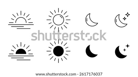 Sun and moon icons set. Dark and light mode symbol.
