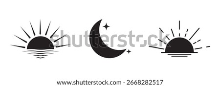 Sun and moon icons set. Dark and light mode symbol. Daytime sunset, sun, moon icon set. Sun and moon icon isolated on white background. Day and night line icon. eps 10