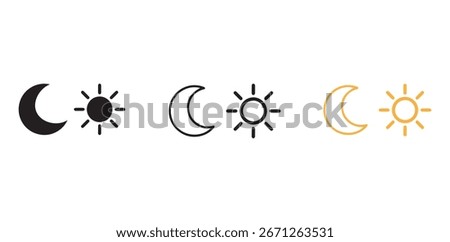 Sun and moon icons set. Dark and light mode symbol. 
Daytime sunset, sun, moon icon set. Vector
