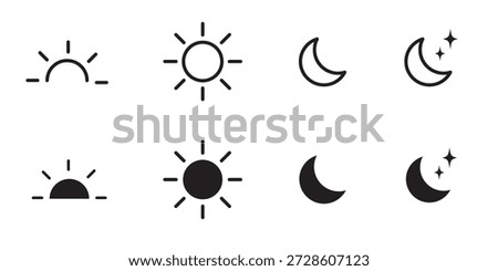 Sun and moon icons set. Dark and light mode symbol. Daytime sunset, sun, moon icon set. Vector stock illustration