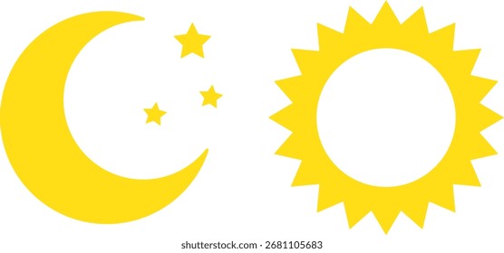 Conjunto de iconos de sol y luna.  Símbolo de icono de día y noche. Levantamiento y puesta de la Luna. Señales de nivel de contraste y brillo de la pantalla
