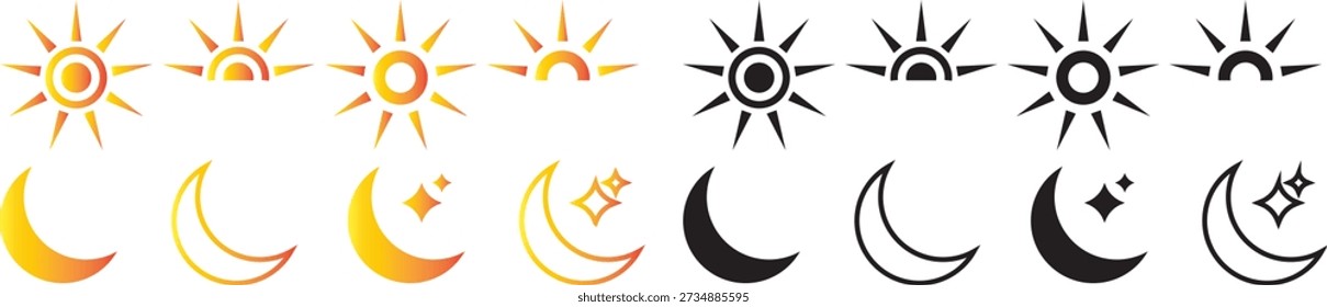 Sun and moon icons set. Daytime sunset, sun, moon icon set. sun, moon icons. Vector illustration. Simple sun and moon icons with stars. black and white icons representing the day and night on transparent png and vector