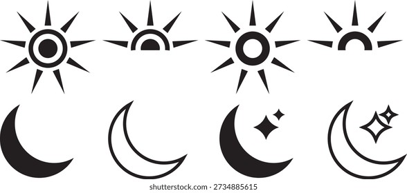 Sun and moon icons set. Daytime sunset, sun, moon icon set. sun, moon icons. Vector illustration. Simple sun and moon icons with stars. black and white icons representing the day and night on transparent png and vector