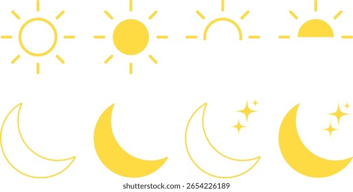 Ícones do sol e da lua definidos. Sinais de brilho e nível de contraste da tela. Símbolo do ícone Dia e Noite
