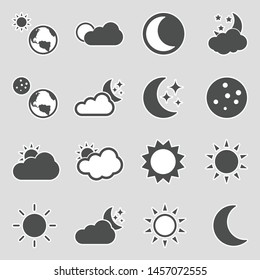 Sun And Moon Icons. Sticker Design. Vector Illustration.