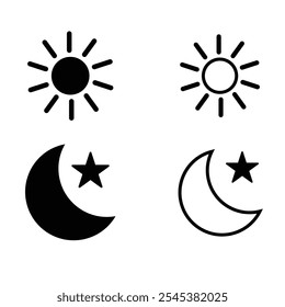 Sun, moon icons, vector, silhouette set. Sunset icon silhouette collection. Moon, sun vector line art design. Sunrise, sunset vector, Sun symbol design. Vector illustration.