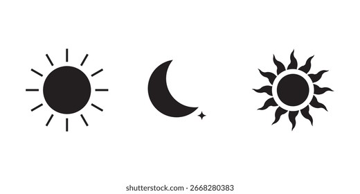 Sun, moon icons, vector, silhouette set. Sunset icon silhouette collection. Moon, sun vector line art design. Sunrise, sunset vector, Sun symbol design. Vector illustration eps 10