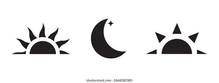 Sonne, Mondsymbole, Vektorgrafik, Silhouettensatz. Sonnenuntergang Symbol Silhouette Sammlung. Mond, Sonne, Vektorlinie Kunstdesign. Sonnenaufgang, Sonnenuntergang, Vektor, Sonnensymbol Design. Vektorgrafik eps 10