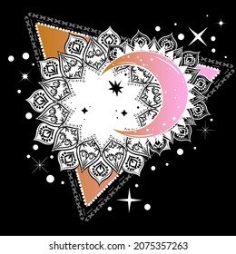 Sun and moon illustration in boho style with triangle frame. Gypsy background of astronomy and astrology symbol. 