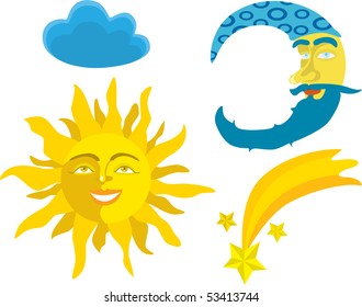 Sun and Moon isolated on white.