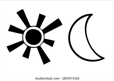 Sun and moon, isolated simple hand drawn black and white vector illustrations on white background