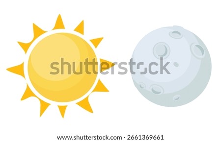 Sun and moon isolated white background. Star and planet, full gray moon and yellow sunny. Celestial vector icons, elements