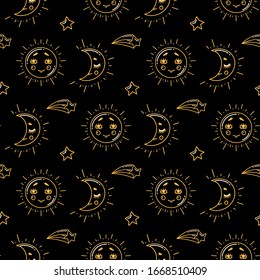 Sun and moon kawaii vector seamless pattern with stars