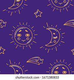 Sun and moon kawaii vector seamless pattern with stars