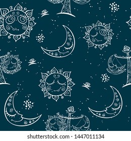 Sun moon Libra . Children's fun seamless pattern. Vector.