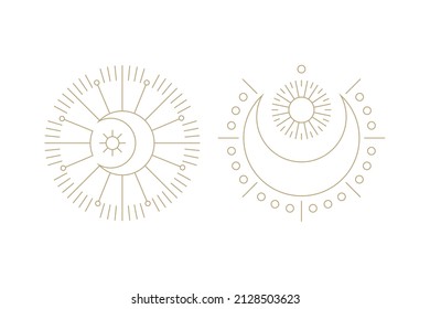 Sun and moon line art clipart. Outline sun logo, moon tattoo. Vector illustration