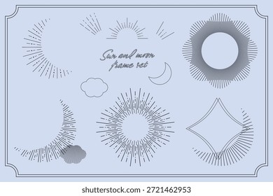 Conjunto de marco de arte de línea de sol y luna con decoración radiante mínima