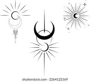 Logo de arte de la línea de sol y luna. Sol de rayos Boho, tatuaje místico de la luna