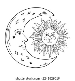 Sun and moon line art set. Hand drawing modern witchcraft vector illustration.