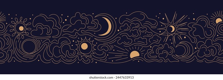 Sun, moon, line cloud border. Stars on night esoteric sky in minimal style. Vector golden chinese pattern on black backdrop. Graphic mystic design. Cosmic textile