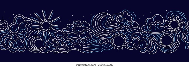 Sun, moon. Line cloud, marine seamless pattern. Vector art sketch, nature backdrop. Ocean blue storm on night. Graphic border. Fantasy fabric textile