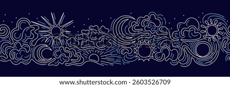 Sun, moon. Line cloud, marine seamless pattern. Vector art sketch, nature backdrop. Ocean blue storm on night. Graphic border. Fantasy fabric textile