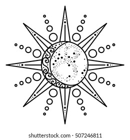 Sun and moon logo. Astronomical icon. Astrological symbol. Black and white art isolated. Tattoo design. Alchemy sign. Vector illustration.