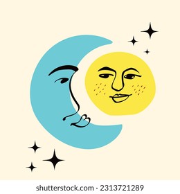 Sol y luna con una cara encantadora. Luna peculiar. Tarjeta con estilo de caricatura moderno