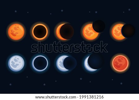 Sun and Moon lunar eclipses astronomy symbol collection set concept in cartoon illustation vector