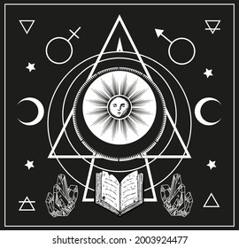sun, moon, magical vector illustration, spell book, crystals,tarot cards symbol, alchemy