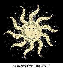 Sun and moon with man and woman faces on black background, vintage mystic symbol art. Vector illustration