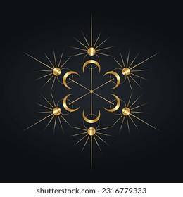 Sun and moon Mandala luxury clipart. Wicca golden logo. Mystical Sacred geometry, magic pagan Wiccan goddess and god symbols. Vector gold sign illustration isolated black background