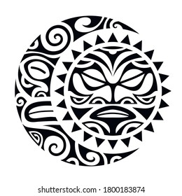 Sun and moon maori style tattoo sketch. Round tribal ornament.