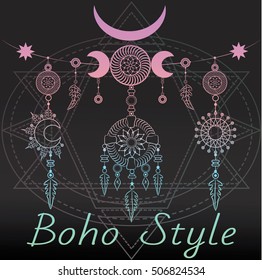 Sun and Moon medallions on the sacred geometry background. Boho chic style. Hand drawn. Vector illustration.