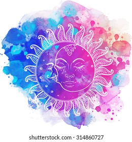 Sun and moon. Meditation concept. Vector illustration. Over colorful watercolor background.