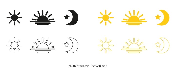 Sun and moon in the morning, noon, night.  Icons on a white background. Daytime transparency logo design.  Vector illustration eps10