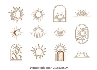 Sun, moon nature logo design in simple modern line style. Boho element vector set with minimal sunset, sunrise, sunshine. Mystic magic esoteric symbol.