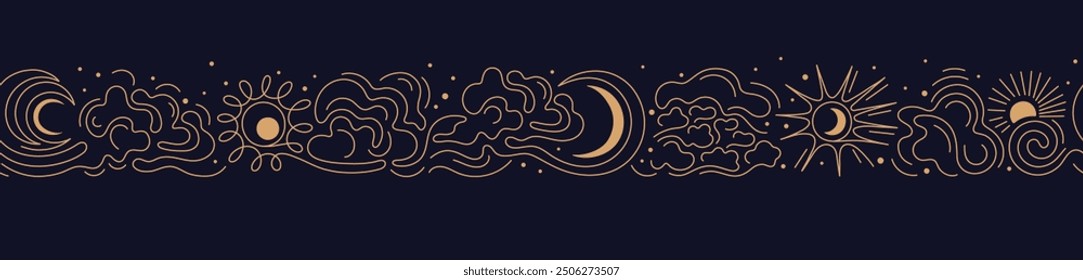 Sun, moon, night sky. Abstract seamless pattern in oriental style. Line vector golden texture background. Decorative chinese magic border. Editable stroke

