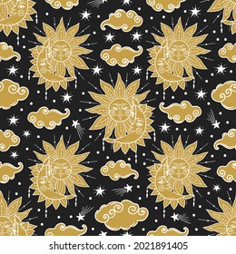 Sun and moon night sky seamless pattern design with a dark background, celestial space universe print