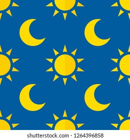sun and moon on blue background, seamless pattern. vector illustration. Flat style.