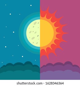 The Sun and The Moon on dual composition as concept of spring and autumn equinox. Annual seasonal natural phenomenon in march and september