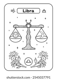 Sun and moon are on the scales. Postcard zodiac sign Libra. Black and white line flat vector illustration. Eps10