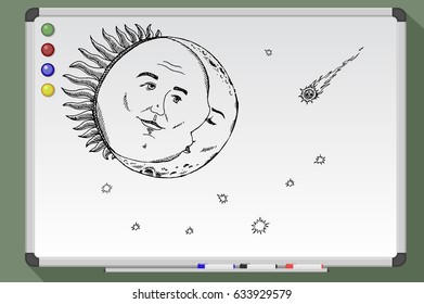 Sun and Moon on whiteboard. hand drawn vector stock illustration