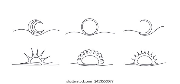 Sun, moon one continuous line set. Vector hand drawn symbol isolated on white background. Doodle illustration