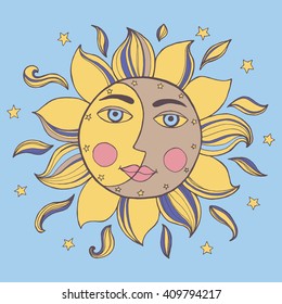 Sun and moon in one face. Alchemy vector illustration