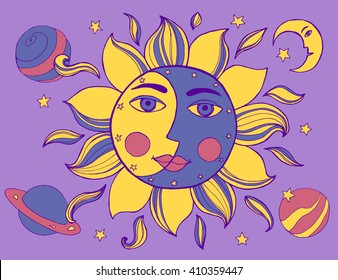 Sun and moon in one face. Alchemy vector illustration